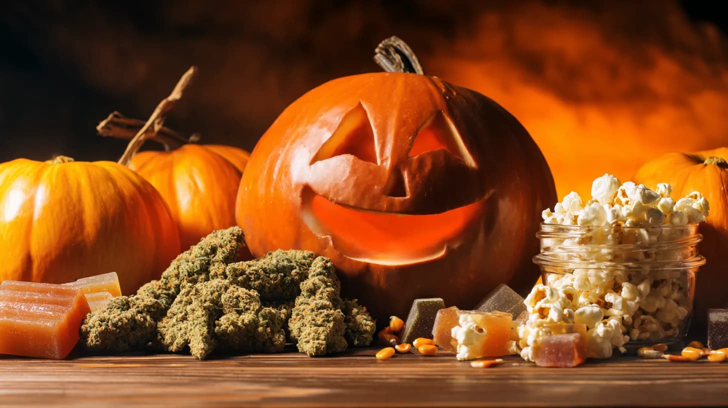 Cozy Halloween scene with a carved jack-o’-lantern, pumpkins, popcorn, cannabis edibles, and festive treats on a wooden table under warm ambient lighting.
