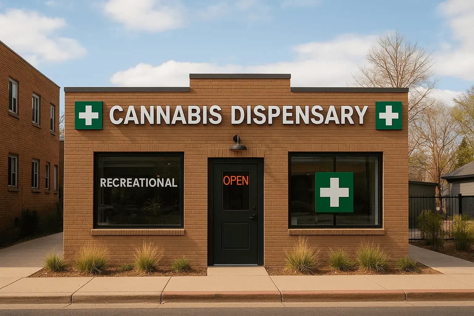Storefront of a cannabis dispensary with large green cross signs, a window labeled “Recreational,” and an illuminated “Open” sign above the entrance.