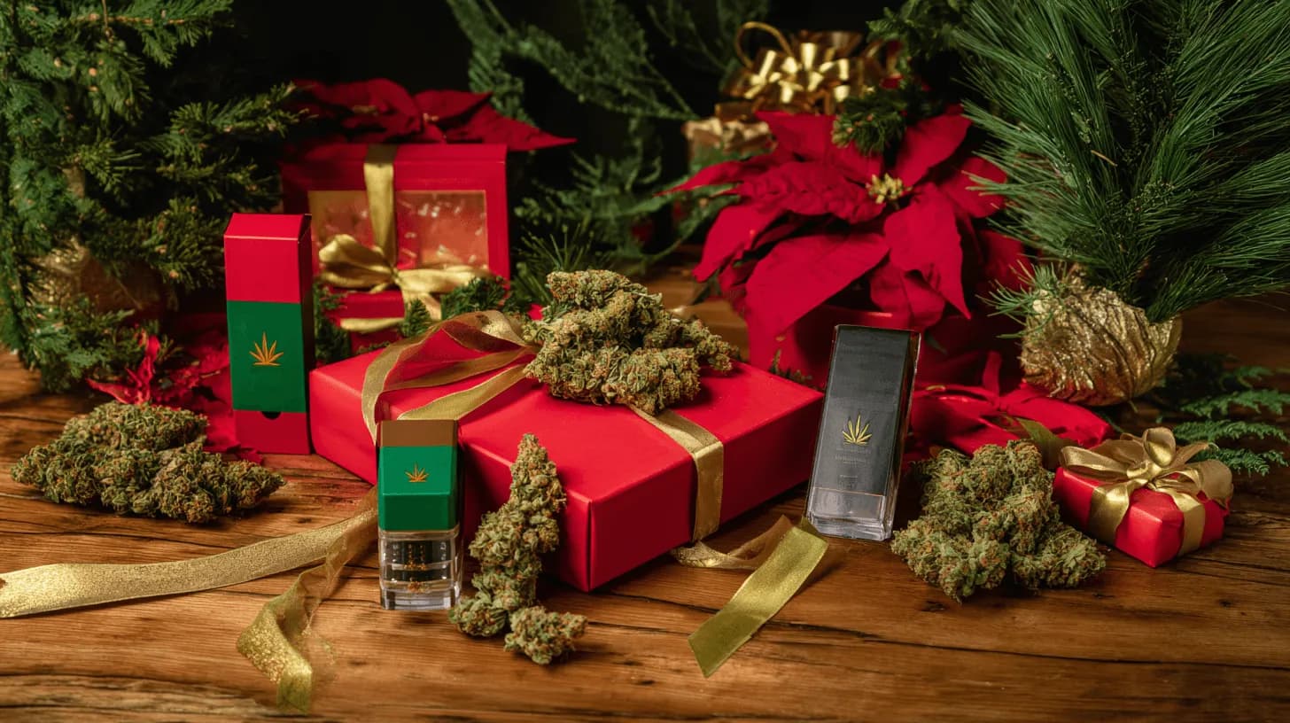 Holiday cannabis gift guide display with premium products, elegant gift boxes, festive red and green colors, pine branches, and gold ribbon on a wooden table, professional product photography style, warm lighting
