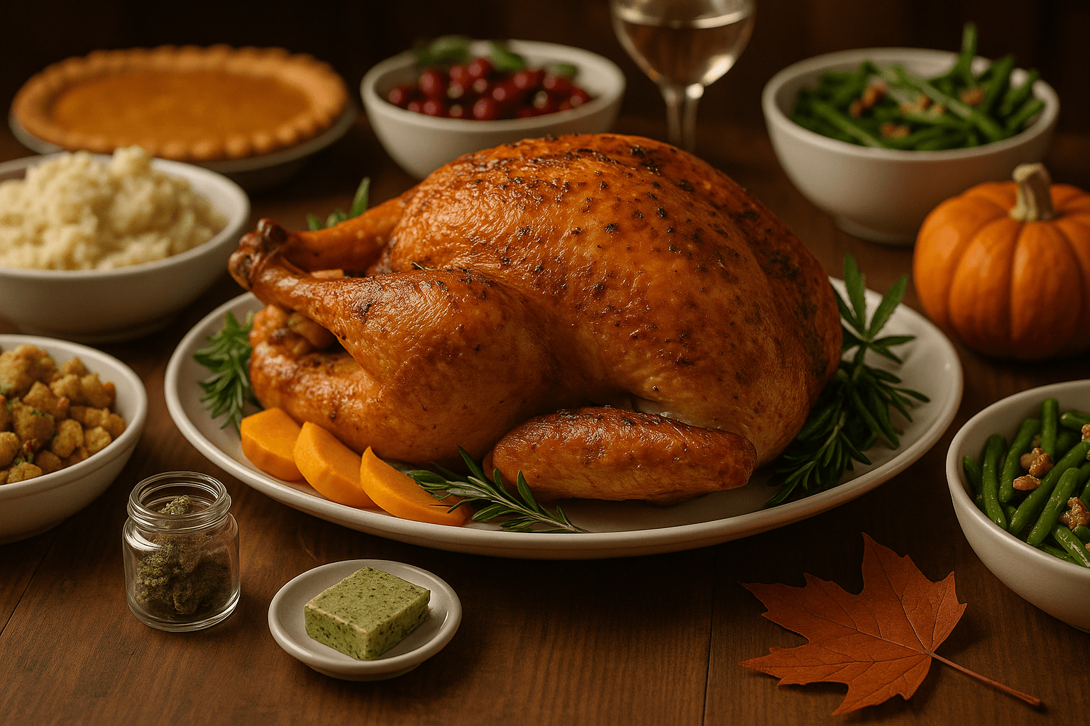 Thanksgiving dinner table with roasted turkey, classic holiday side dishes, and subtle cannabis-infused butter and cannabis jar for a modern cannabis-friendly holiday meal