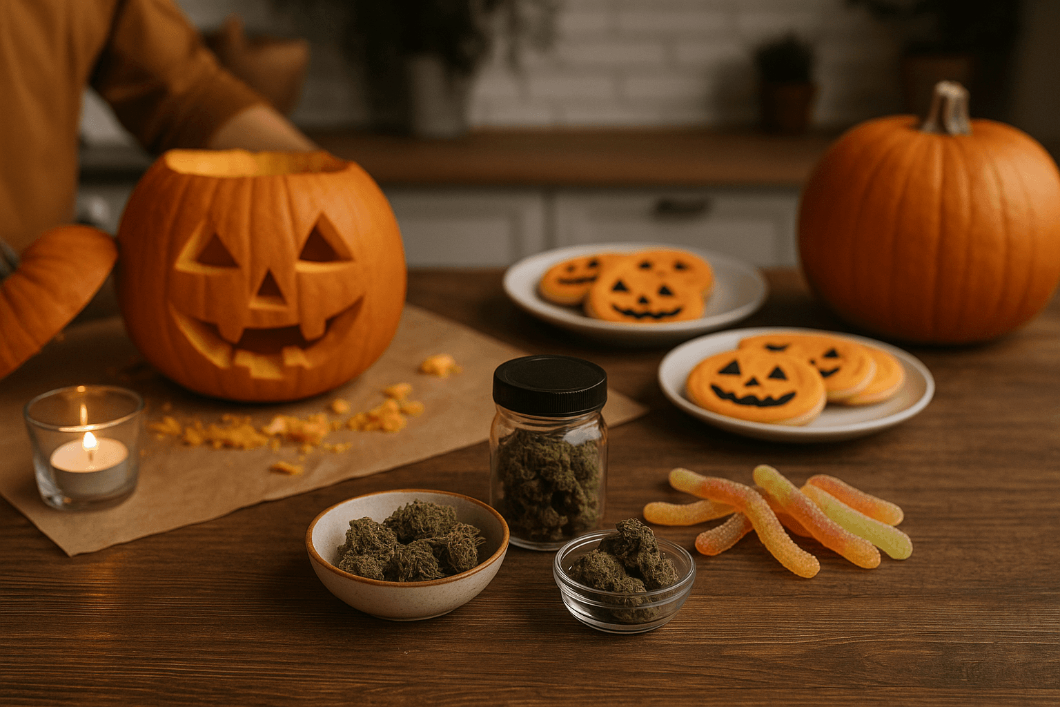 Cozy Halloween scene with a carved jack-o’-lantern, pumpkins, popcorn, cannabis edibles, and festive treats on a wooden table under warm ambient lighting.